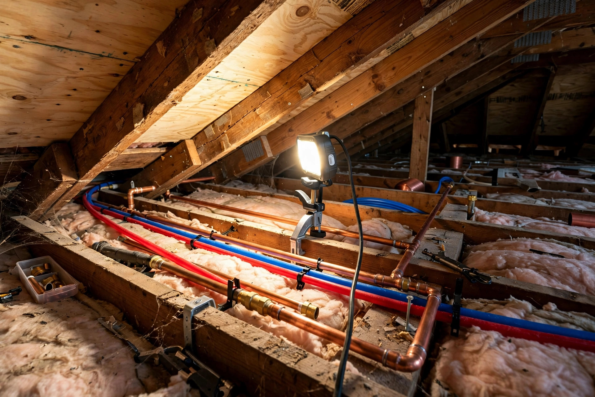 New water pipes rerouted through a residential attic in Little Elm, TX