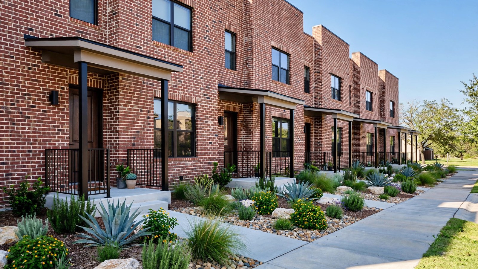 Row of brick townhomes in Ladera at Little Elm, TX
