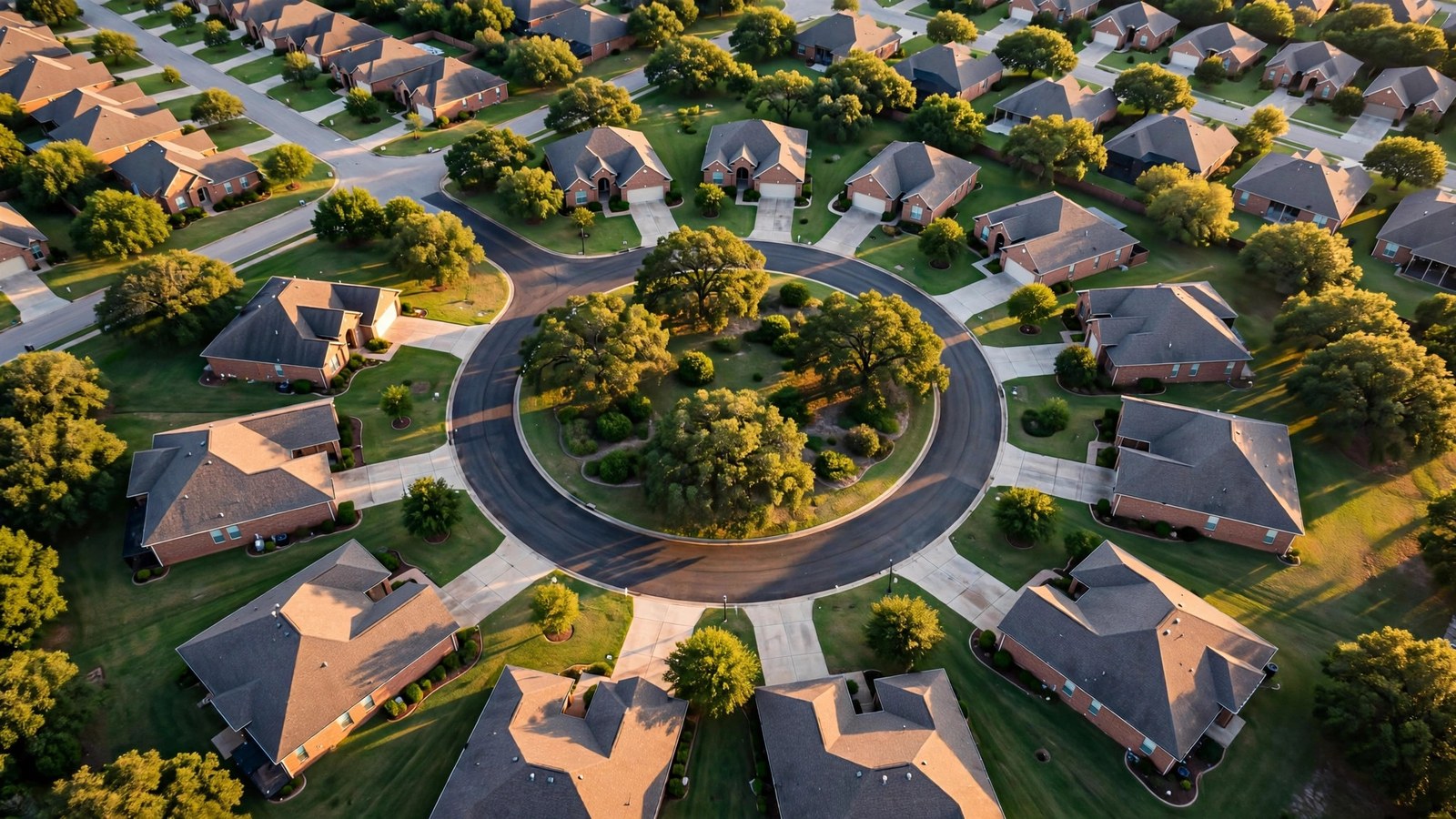 Aerial view of a cul-de-sac of brick homes in Villages of Woodlake, Little Elm TX