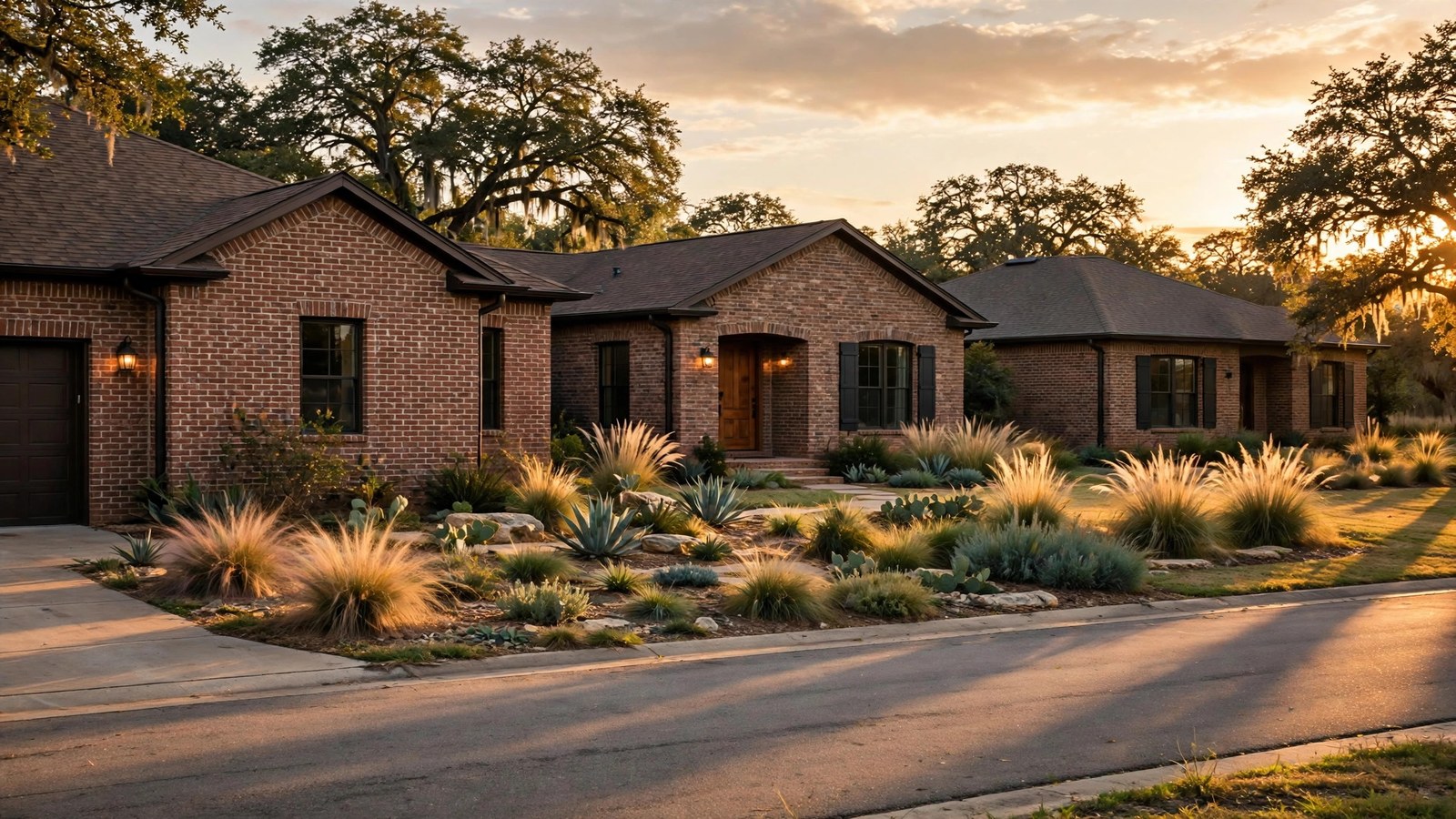 Brick homes glowing at golden hour in Prairie Oaks Gardens, Little Elm TX