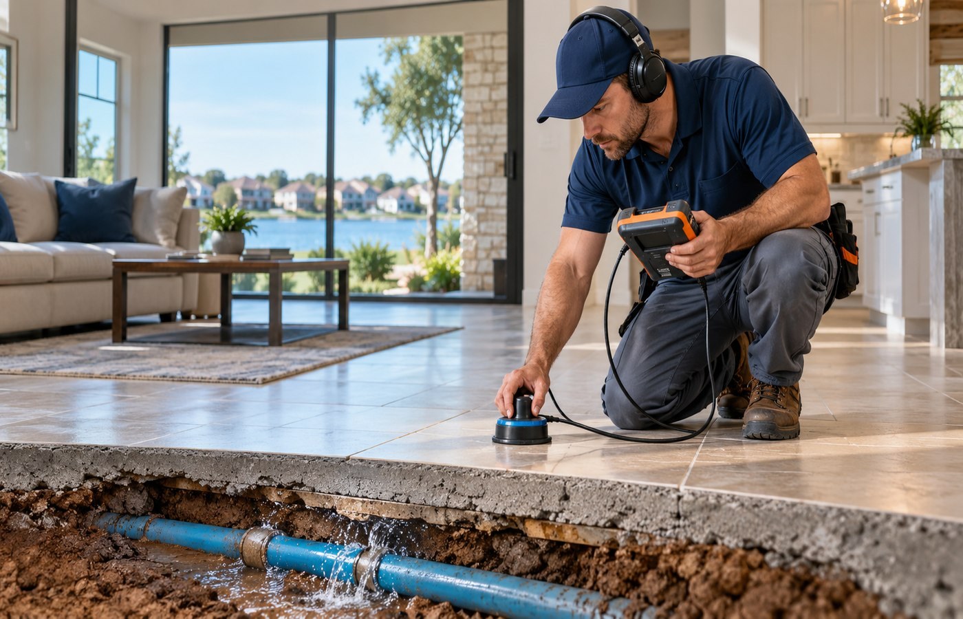 Technician using leak detection equipment inside a modern home with a visible under-slab pipe cutaway in Little Elm, TX