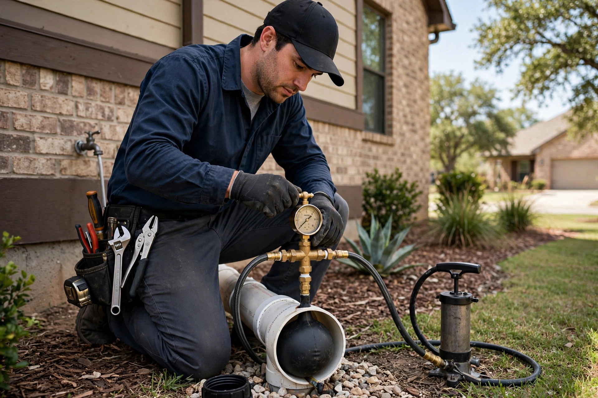 Hydrostatic pressure test setup on a residential plumbing line in Little Elm, TX (Wildridge)