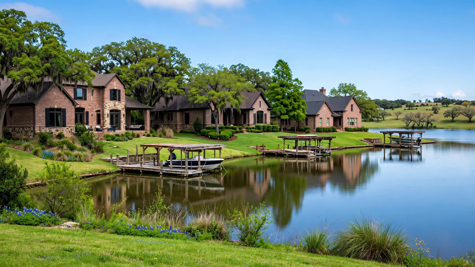 Brick lakefront homes with private docks in Preston on the Lake, Little Elm TX