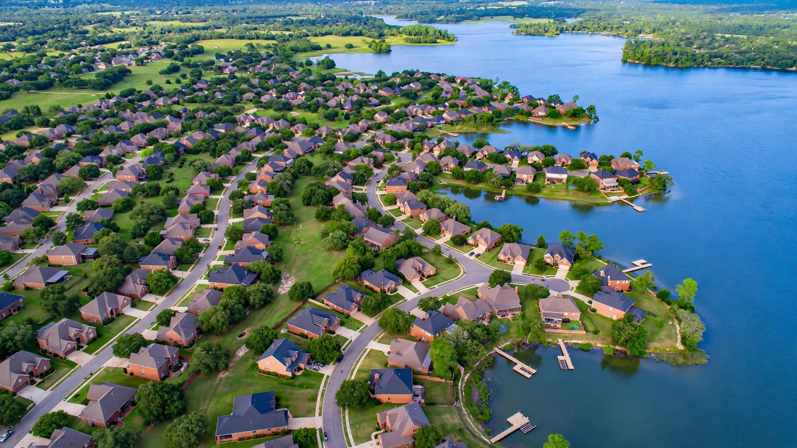 Aerial view of the lakeside neighborhood of Cottonwood Point, Little Elm TX