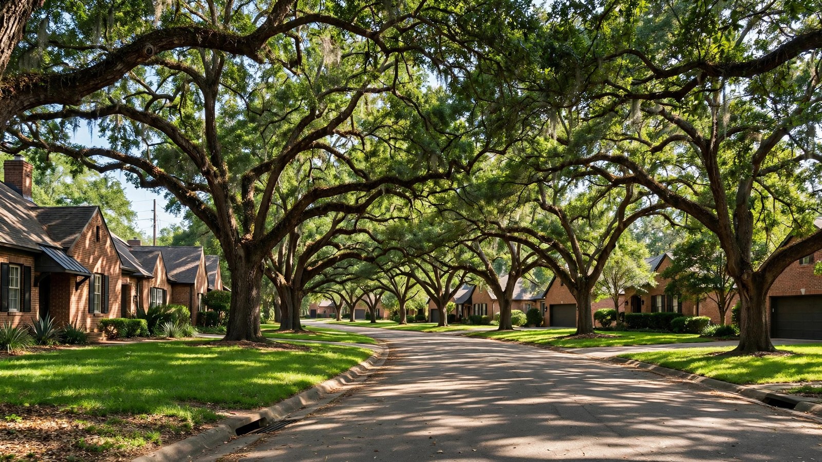 Oak-canopied street with brick homes in Prairie Oaks, Little Elm TX