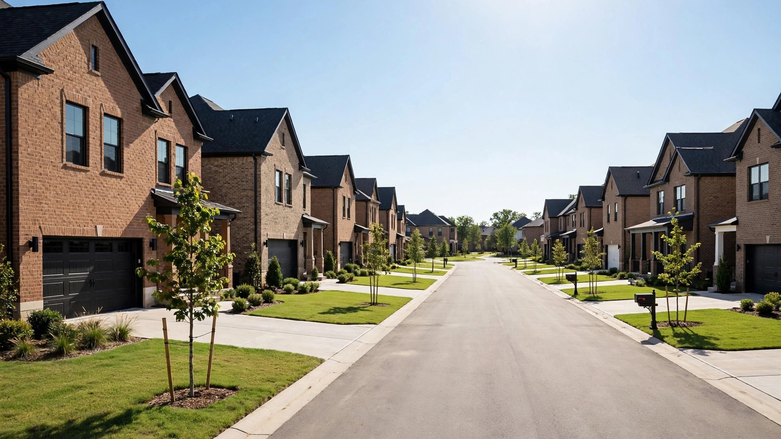 Brick homes on a modern suburban street in Paloma Creek, Little Elm TX