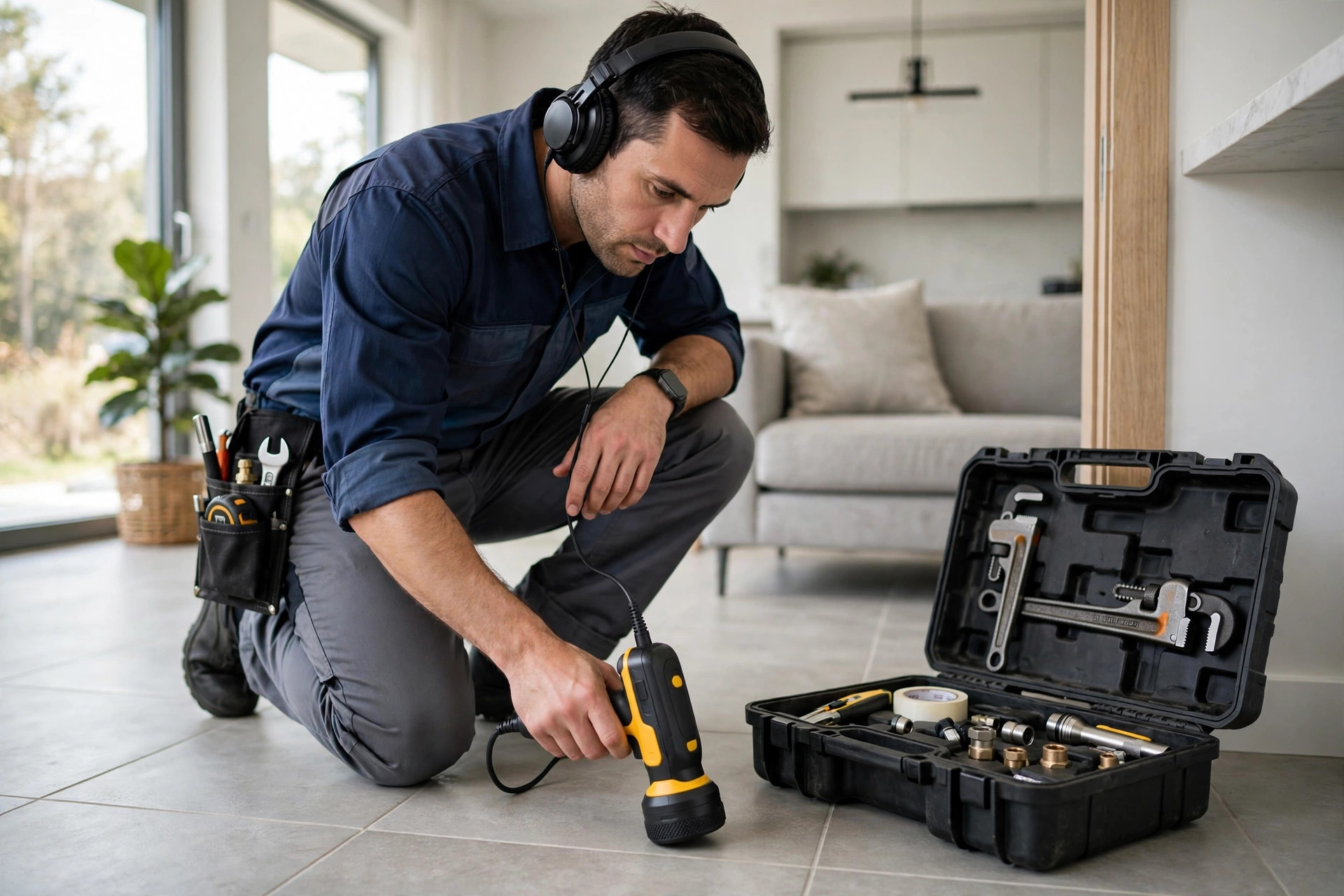Plumber using acoustic listening equipment to locate a slab leak in Little Elm, TX