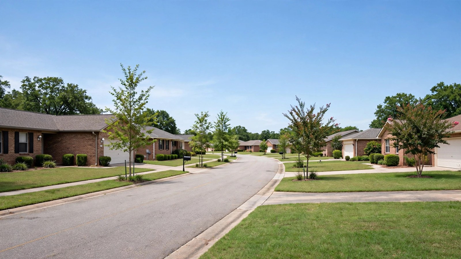 Ranch-style brick homes on a quiet street in Frisco Ranch, Little Elm TX