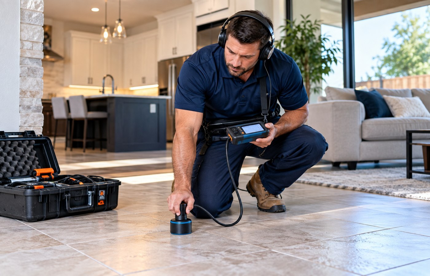 Plumber using a handheld electronic leak detection sensor on a tile floor in Little Elm, TX