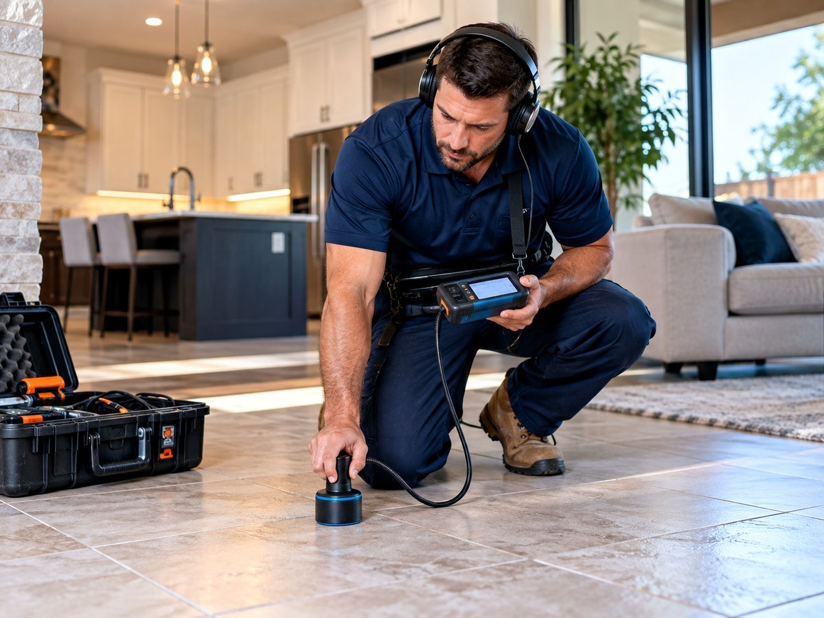 Plumber kneeling on tile floor with a handheld leak detection instrument and tool case in Little Elm, TX
