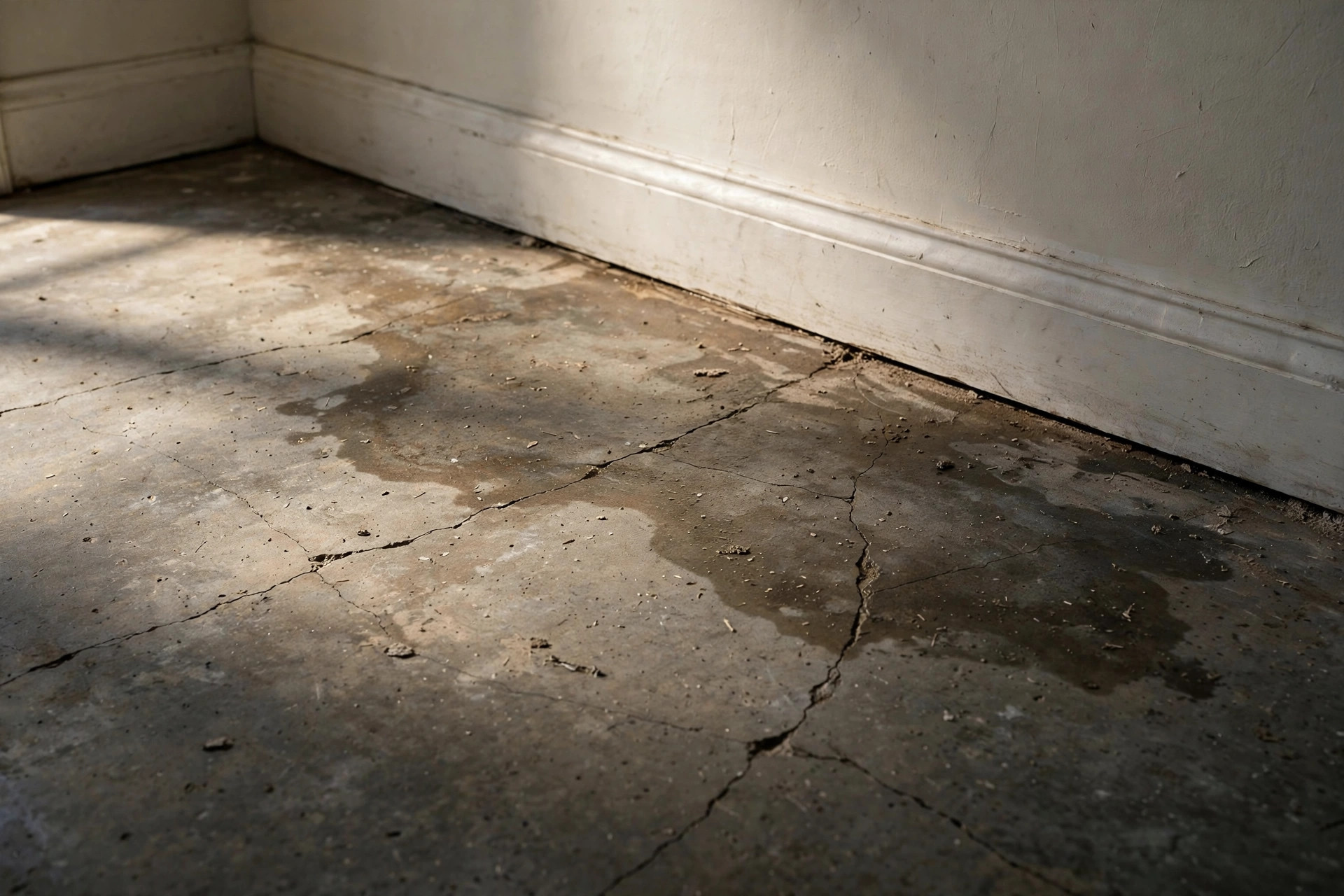Cracked concrete slab with moisture staining, a slab leak warning sign in Little Elm, TX