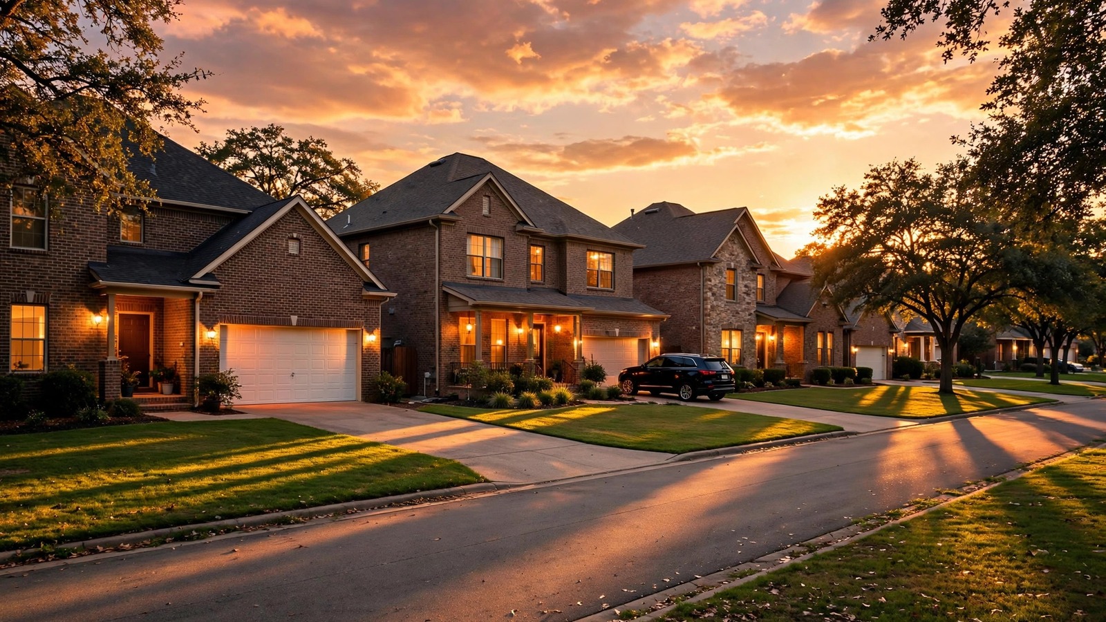 Suburban homes at golden hour in Sunset Pointe, Little Elm TX