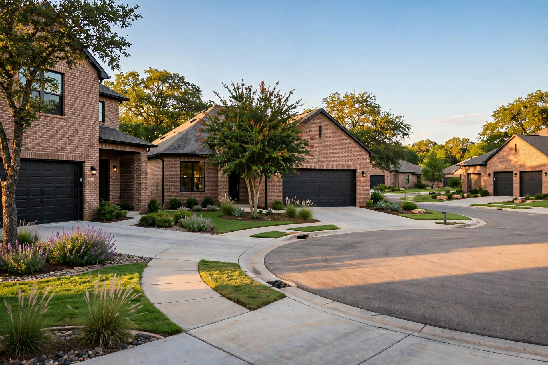 Brick homes on a curved street in Bay Ridge Estates, Little Elm TX