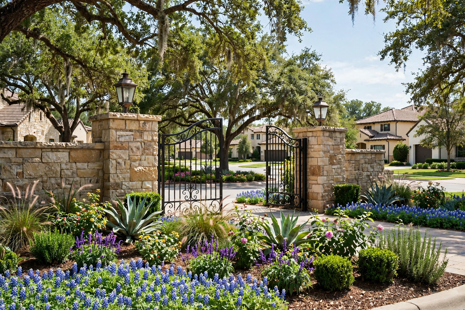 Gated community entrance with stone pillars in Dominion at Lakeview, Little Elm TX