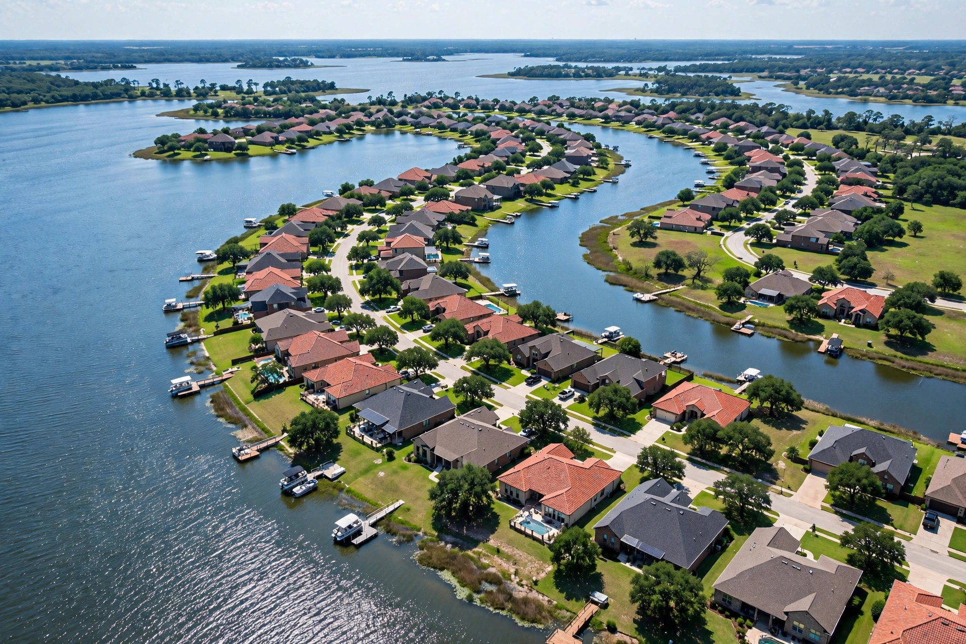 Waterfront homes around a lake cove in Knob Hill Lake, Little Elm TX