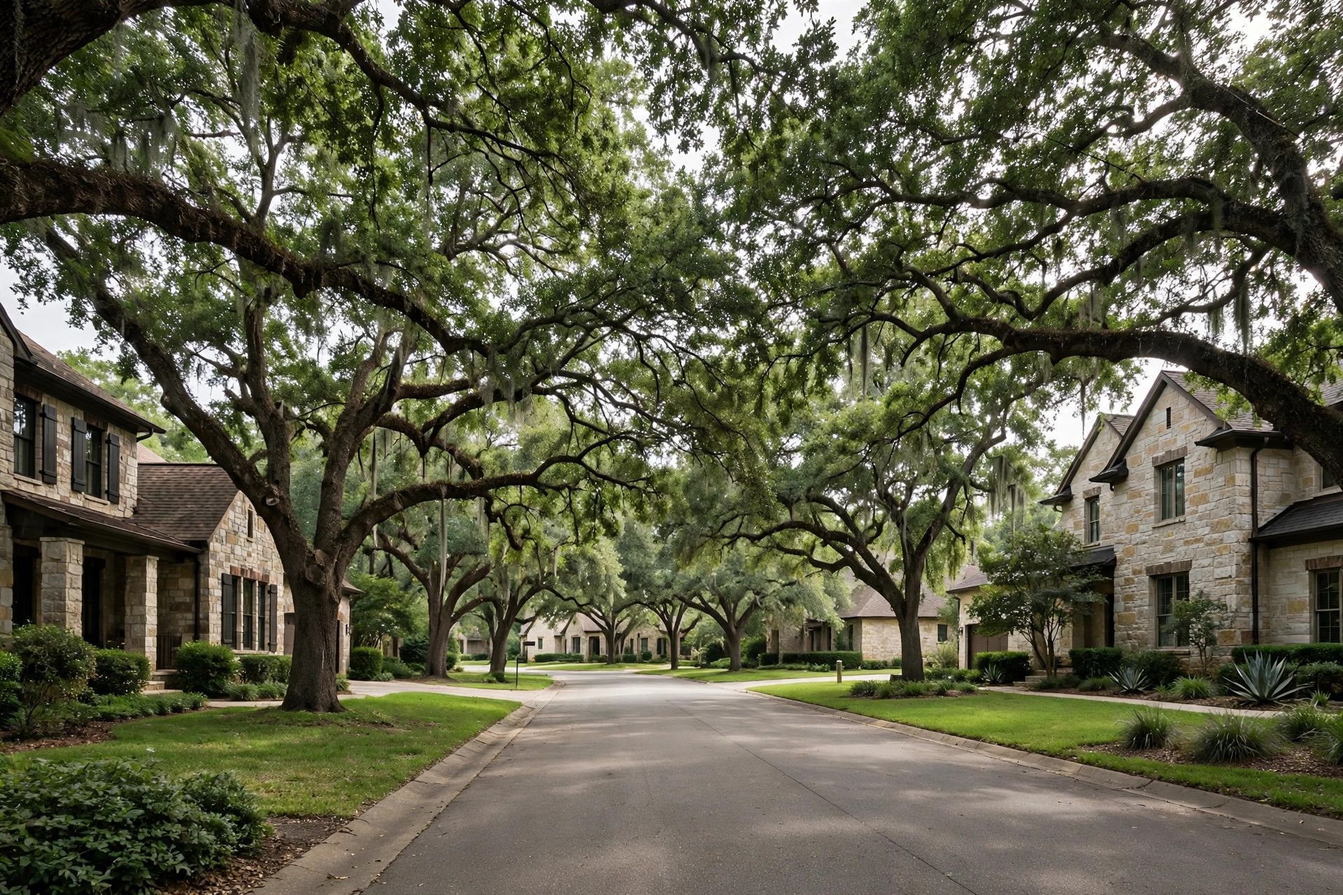 Oak-lined street with brick homes in Glen Cove, Little Elm TX