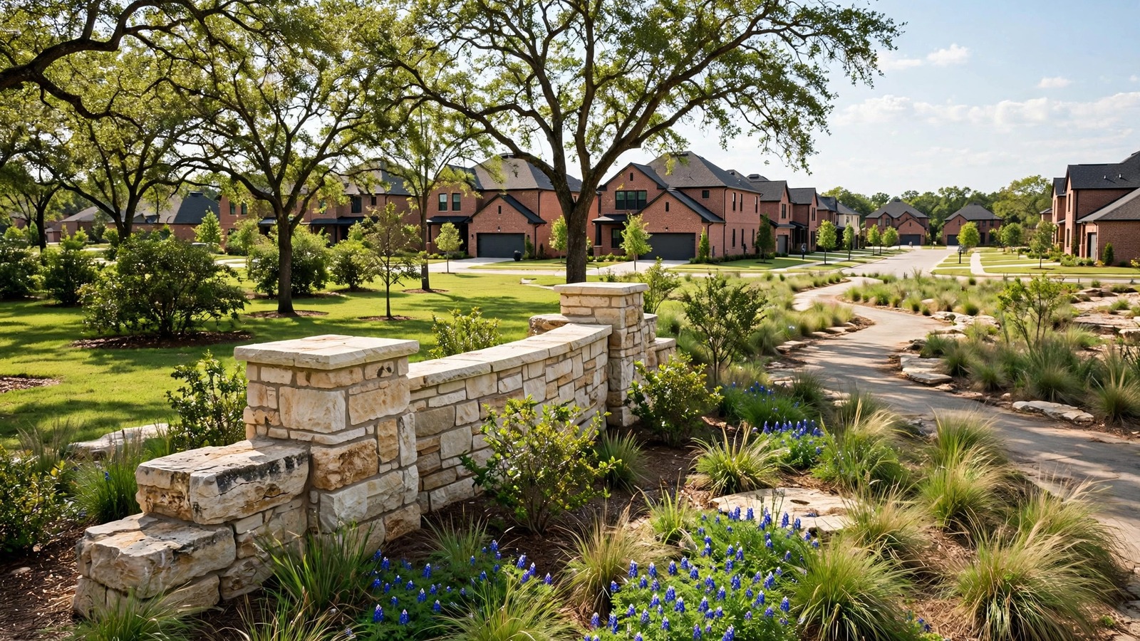Brick homes on a suburban street in Union Park, Little Elm TX