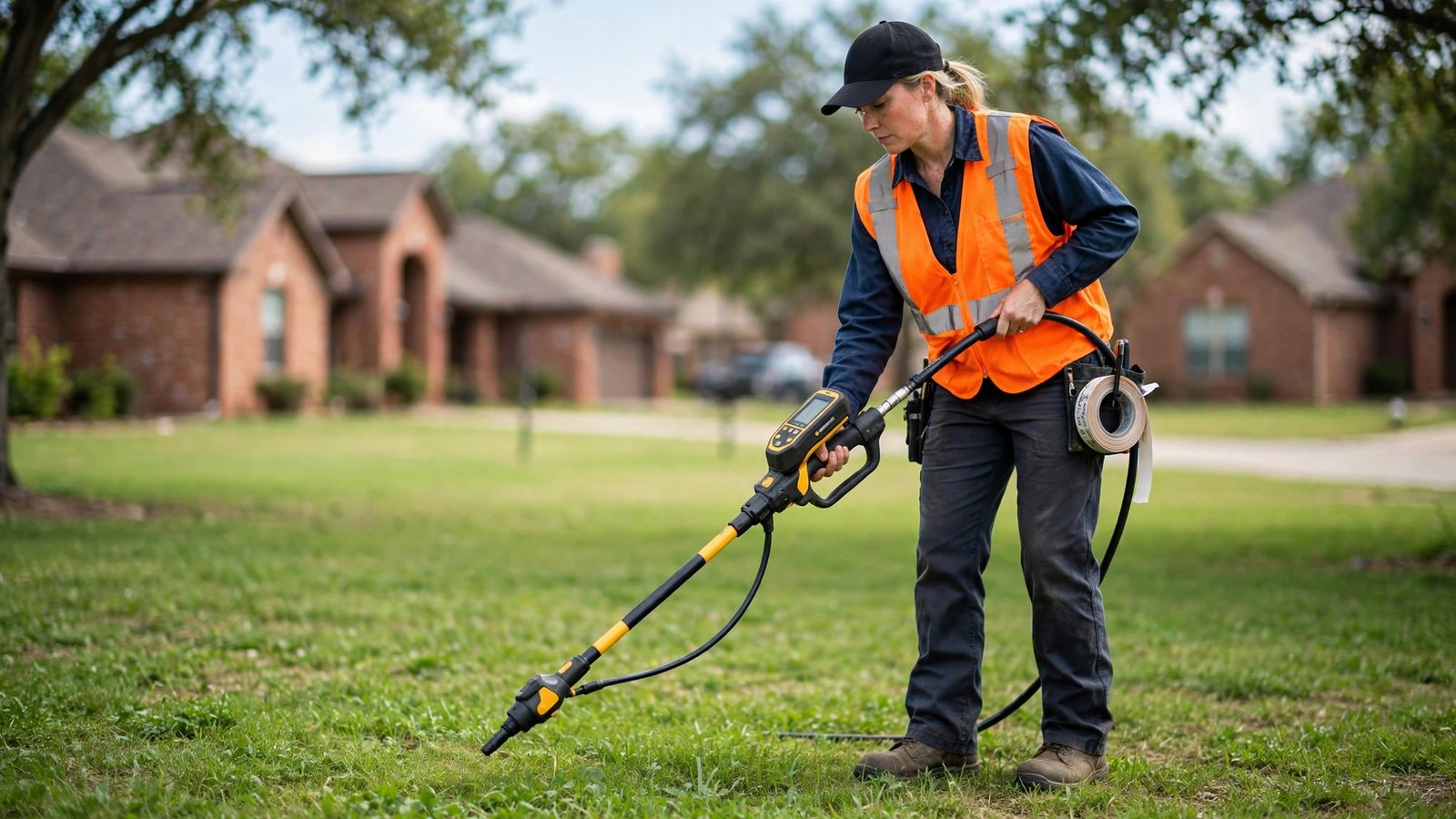Technician sweeping a yard with an electronic line tracing receiver over a marked pipe route in Little Elm, TX
