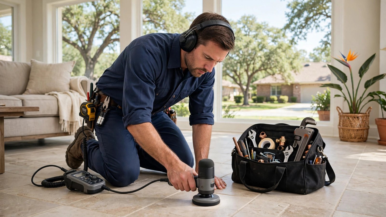 Technician performing electronic slab leak detection in a Little Elm home