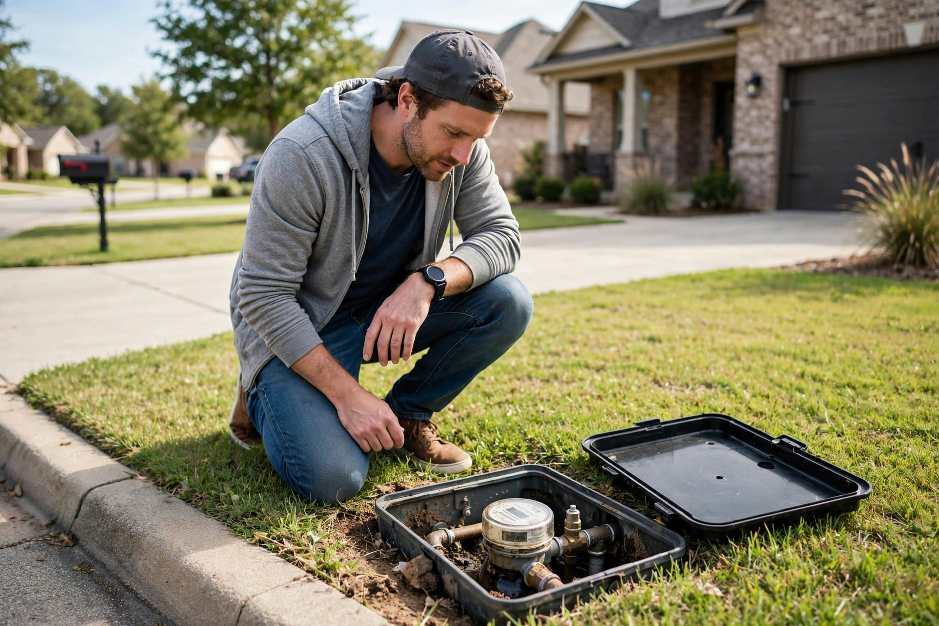 Water meter area check used alongside drain line testing during a leak investigation in Little Elm, TX